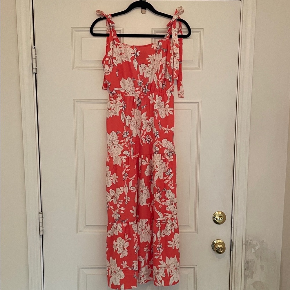 Tie-Shoulder Coral Floral Maxi Dress Size S. Beach Vacation Summer